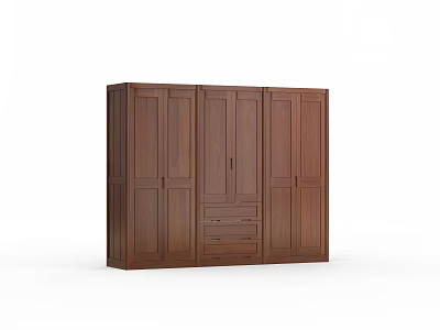 Dark Wood Four Door Wardrobe With Central Drawers And Simple Design 3d model