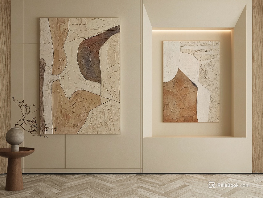 Abstract Paintings Wall Display And Niche In Beige Wooden Interior With Herringbone Floor 3d model 