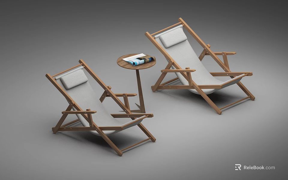 Wooden Frame Lounge Chairs With Beige Cushions And Round Side Table With Books 3d model 
