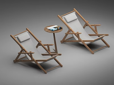 Wooden Frame Lounge Chairs With Beige Cushions And Round Side Table With Books 3d model