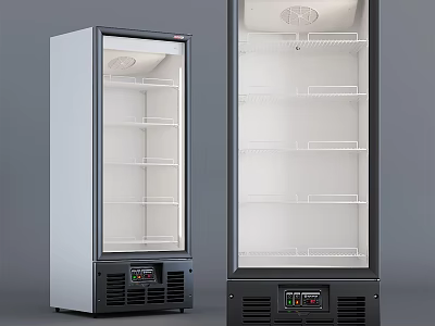 Commercial Upright Glass Door Refrigerators with Multiple Shelves and Control Panel 3d model