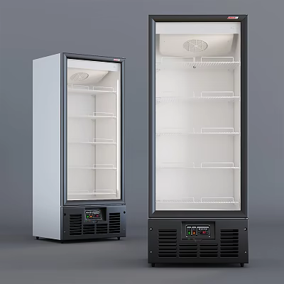 Commercial Upright Glass Door Refrigerators with Multiple Shelves and Control Panel 3d model