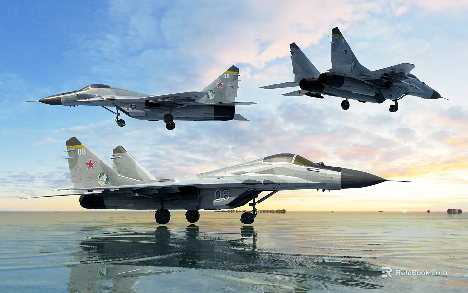 Three Fighter Jets One on Water Surface Two Flying in Cloudy Sky During Sunrise With Red Star 3d model 