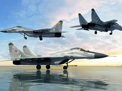 Three Fighter Jets One on Water Surface Two Flying in Cloudy Sky During Sunrise With Red Star 3d model