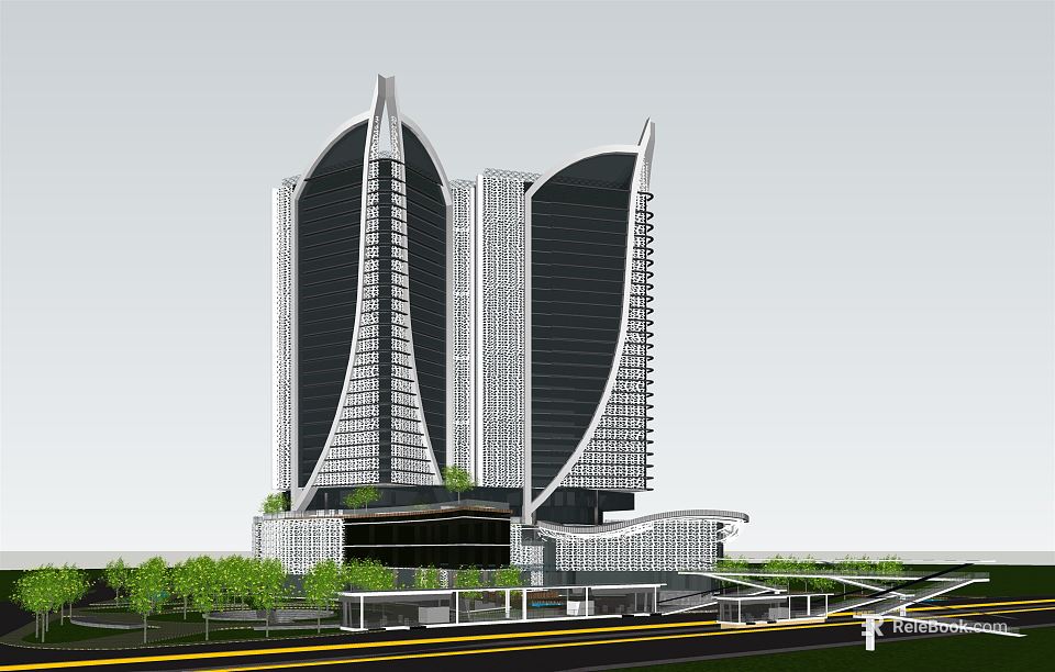 Modern High Rise Office Building With Twin Curved Glass Towers And Landscaped Base 3d model 