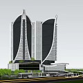 Modern High Rise Office Building With Twin Curved Glass Towers And Landscaped Base