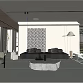 Modern Living Room Interior With Black Sofa White Chairs Round Coffee Table Geometric Wall Decor