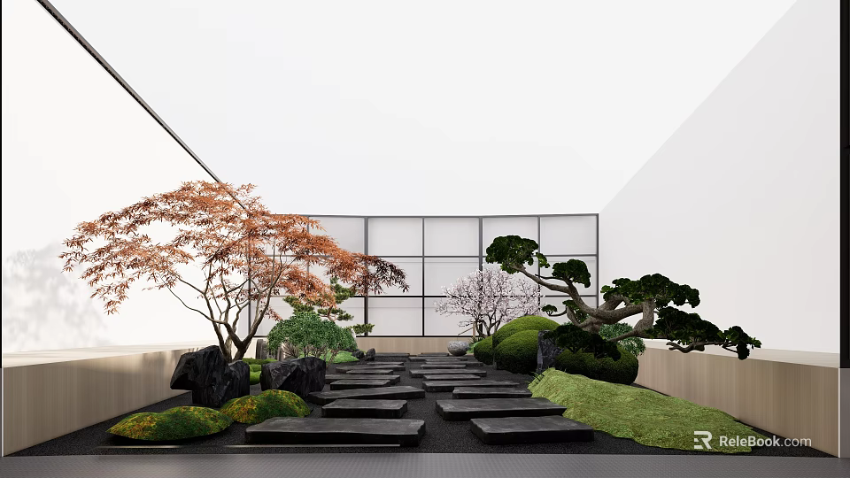 Japanese Zen Garden Landscape With Red Maple Pine Trees Stone Path And Glass Wall 3d model 