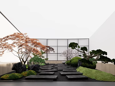 Japanese Zen Garden Landscape With Red Maple Pine Trees Stone Path And Glass Wall 3d model
