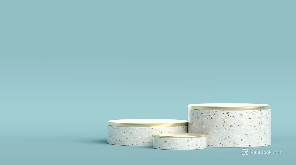 Three White Round Display Shelves With Gold Edges On Light Blue Background 3d model