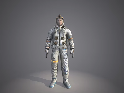 Man in white astronaut suit standing pose on gray background with detailed gear and helmet 3d model