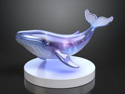 Transparent Whale Sculpture with Purple Blue Starry Interior and White Circular Base 3d model