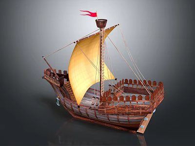 Wooden Sailing Ship Featuring Yellow Sail Red Flag And Detailed Deck Railings Design 3d model
