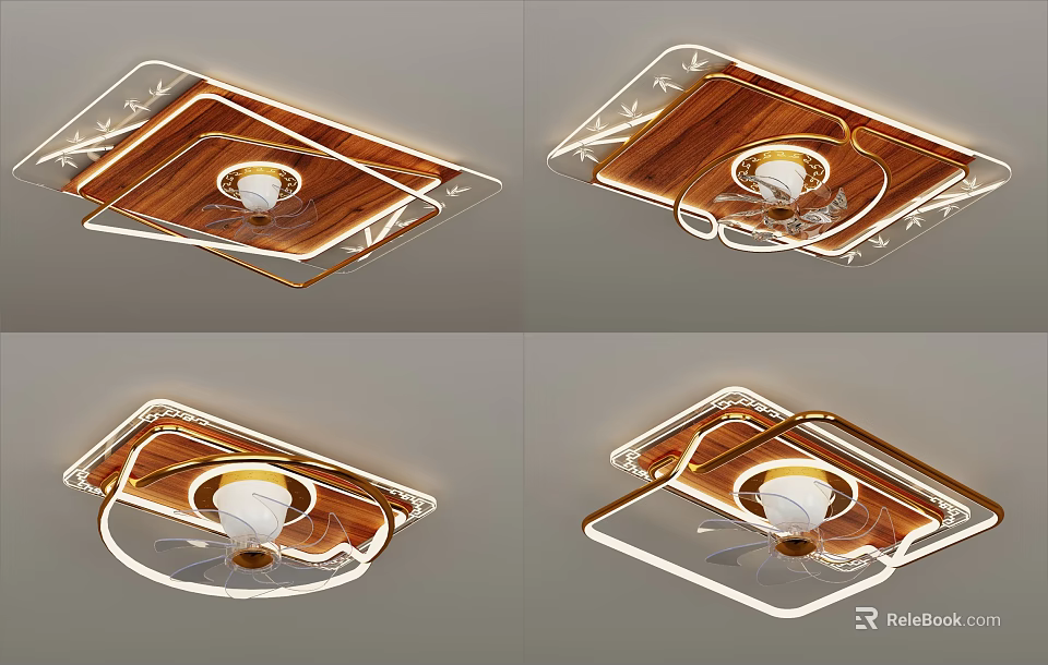 Elegant Ceiling Lighting Combination Featuring Wooden Panels Transparent Frames And Decorative Rings 3d model