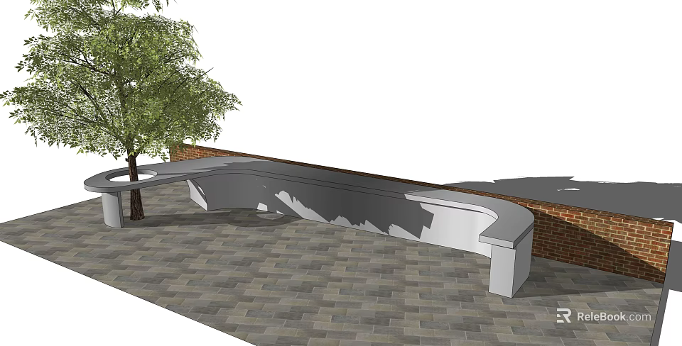 Curved Landscape Seating With Tree And Brick Wall On Paved Ground 3d model