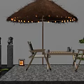 Outdoor Table with Straw Umbrella String Lights Stone Lions Lotus and Green Plants