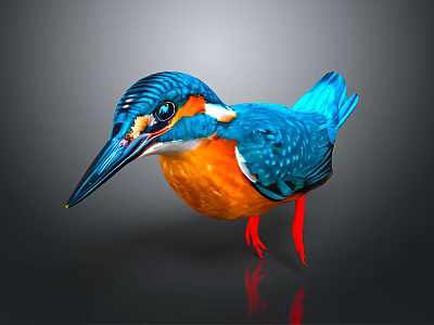 Vibrant Blue Kingfisher with Orange Belly Long Beak Red Feet on Dark Background Reflection 3d model