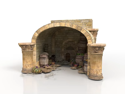 Rustic Medieval Stone Archway Structure With Columns Barrels And Clay Pots 3d model