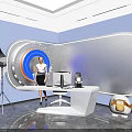 Public Office Space With Blue Walls Astronaut Models Ceiling Lights Moon Mural And Gear Decorations