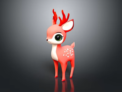 Cute Red Antler Deer Toy Figure With Green Eyes Pink Body White Belly Spots Standing 3d model