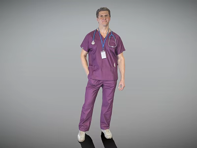 A Man Wearing Purple Scrub Suit With Stethoscope And ID Badge Standing In Gray Background 3d model
