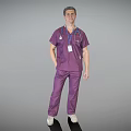 A Man Wearing Purple Scrub Suit With Stethoscope And ID Badge Standing In Gray Background