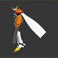 3D Robot Character Featuring Yellow Horns Blue Orange Arms White Body Claw Feet And Sword
