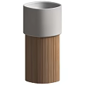 Modern Cylindrical Washbasin With White Top And Wooden Ribbed Base Design