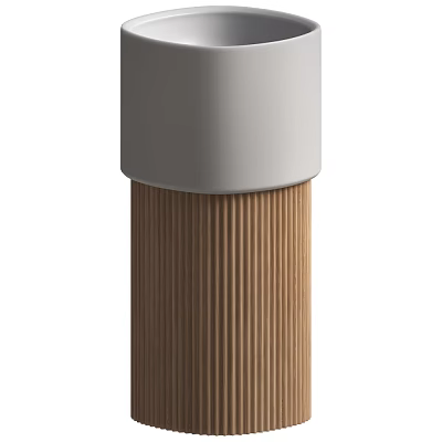 Modern Cylindrical Washbasin With White Top And Wooden Ribbed Base Design 3d model
