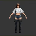 A Woman Wearing White Cropped Top Denim Shorts And Black Thigh High Boots