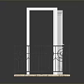Scenic Landscape View Through Open White Door With Black Iron Railing And Light Stone Floor
