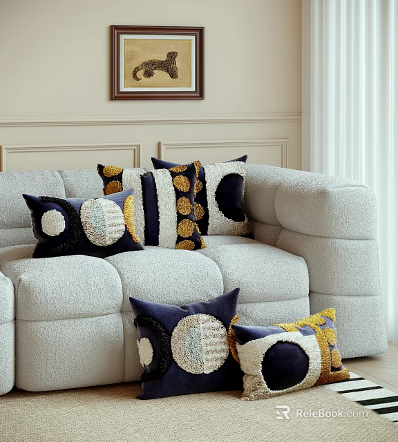 Stylish Throw Pillows With Blue Gold Circular Patterns On Soft Comfortable Sofa 3d model 