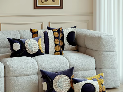 Stylish Throw Pillows With Blue Gold Circular Patterns On Soft Comfortable Sofa 3d model