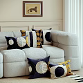 Stylish Throw Pillows With Blue Gold Circular Patterns On Soft Comfortable Sofa