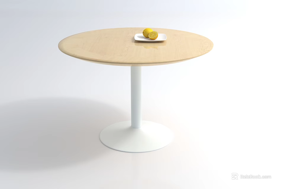 Round Wooden Coffee Table With White Base And Plate With Lemons 3d model 