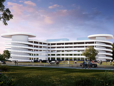 Modern Building With Circular Design White Exterior Multi Story Lawn Pedestrians And Vehicles 3d model