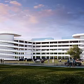 Modern Building With Circular Design White Exterior Multi Story Lawn Pedestrians And Vehicles