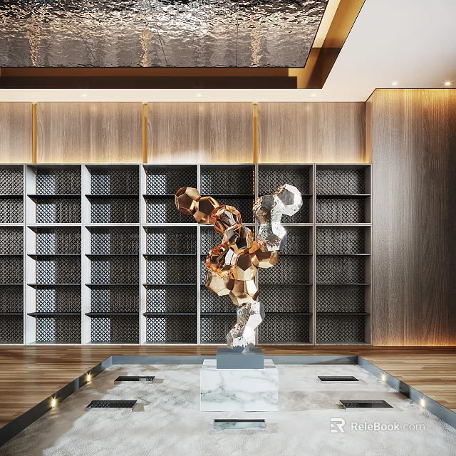 Modern Geometric Metal Sculpture With Abstract Shapes In Interior Bookshelf Space 3d model 