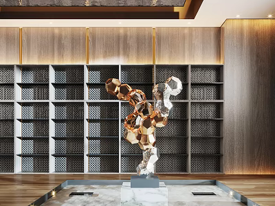 Modern Geometric Metal Sculpture With Abstract Shapes In Interior Bookshelf Space 3d model