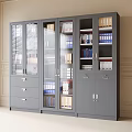 Gray Office File Cabinet With Glass Doors Drawers And Organized Folders Books