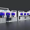 Modern Exhibition Display Wall With Multiple Digital Screens And White Panels 3d model