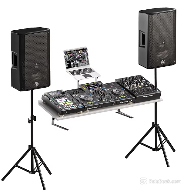 Professional Black Audio Speakers Setup With DJ Mixer Laptop And Stands 3d model 