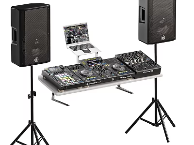 Professional Black Audio Speakers Setup With DJ Mixer Laptop And Stands 3d model
