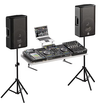 Professional Black Audio Speakers Setup With DJ Mixer Laptop And Stands 3d model
