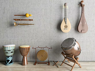 Vintage Musical Instruments And Art Supplies Displayed With Lutes Drums Easel And Brushes 3d model