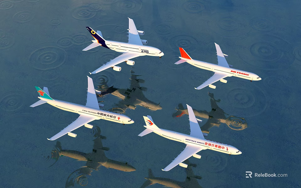 Commercial Passenger Planes From Various Airlines Flying In Formation Over Water 3d model 
