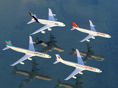 Commercial Passenger Planes From Various Airlines Flying In Formation Over Water 3d model