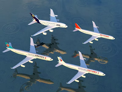 Commercial Passenger Planes From Various Airlines Flying In Formation Over Water 3d model Commercial Passenger Planes From Various Airlines Flying In Formation Over Water 3d model