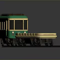 Vintage Green Yellow Train With Two Carriages And Open Cargo Trailer On Track