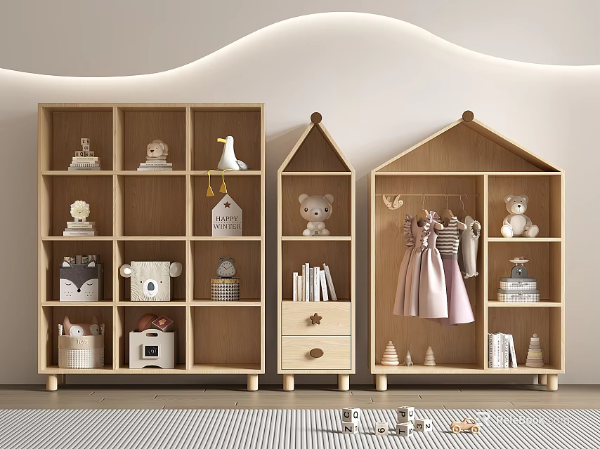 Wooden Kid Friendly Bookcases With Toys Books And Decor Items 3d model 